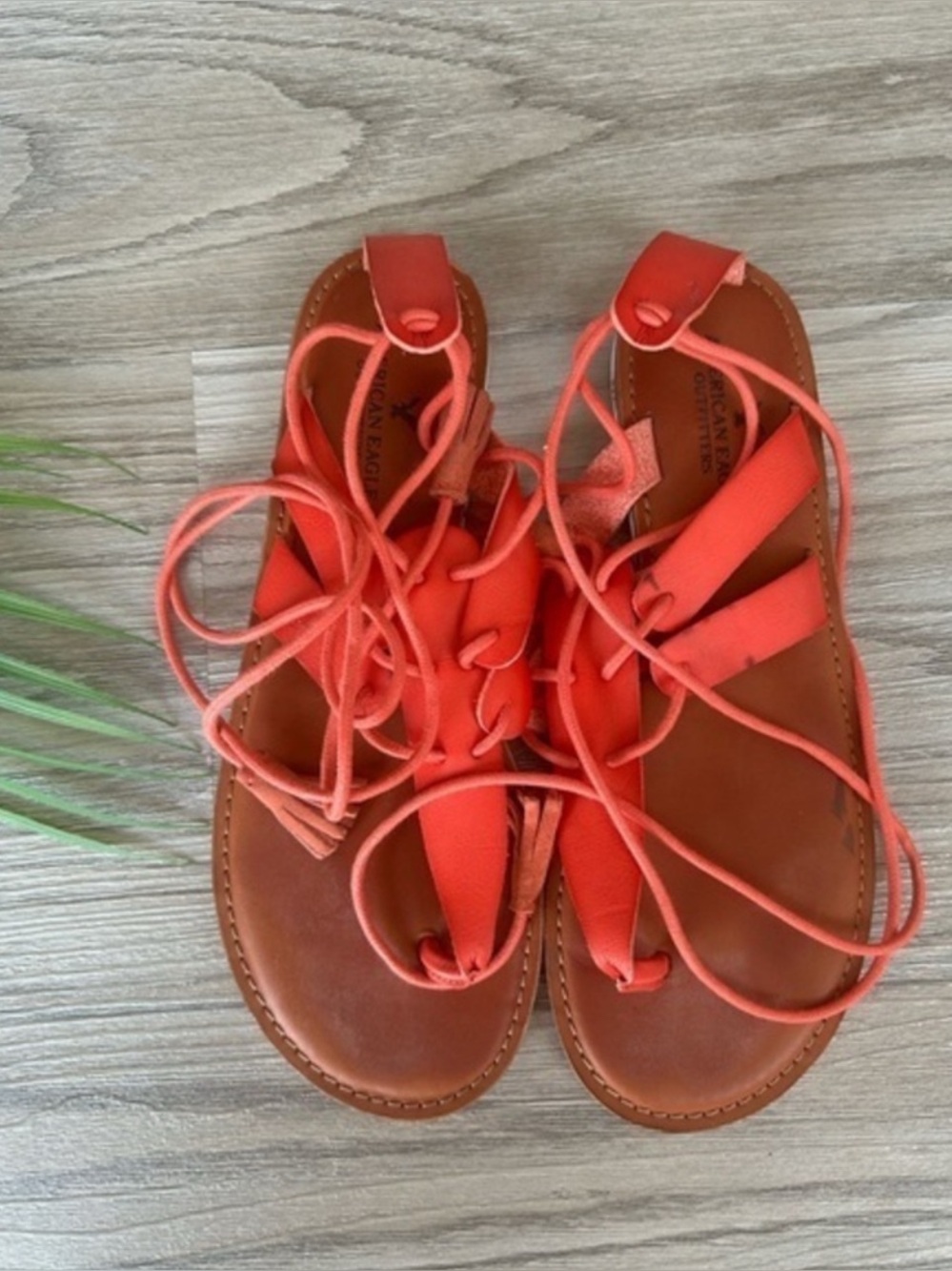 🌸 American Eagle Outfitters Orange Lace-Up Leather Gladiator Sandals worn 2x